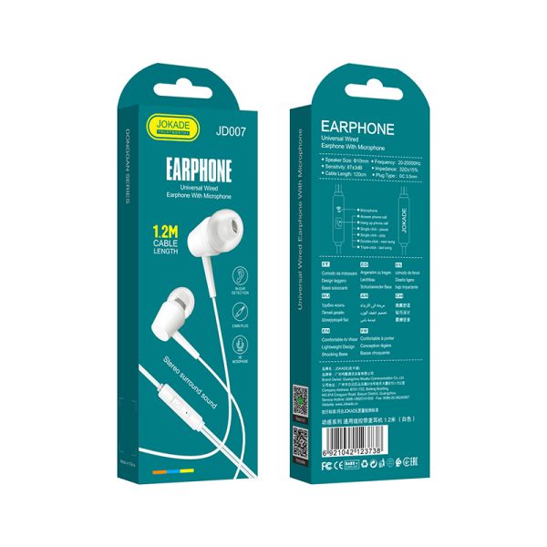 JOKADE - JD007 universal earphone with mic JACK 3,5MM 1.2M WHITE