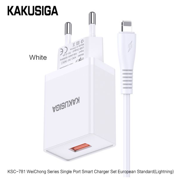 Incarcator KAKUSIGA KSC-781, Set cu Cablu Lightning, USB 2.4A, (Negru/Alb)