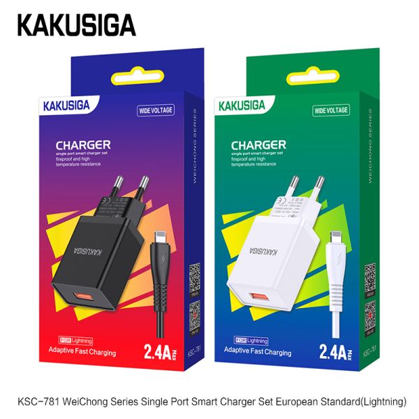 Incarcator KAKUSIGA KSC-781, Set cu Cablu Lightning, USB 2.4A, (Negru/Alb)