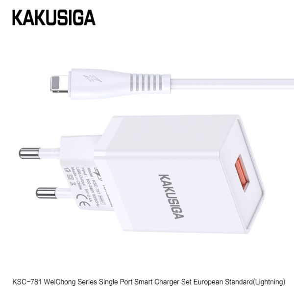 Incarcator KAKUSIGA KSC-781, Set cu Cablu Lightning, USB 2.4A, (Negru/Alb)