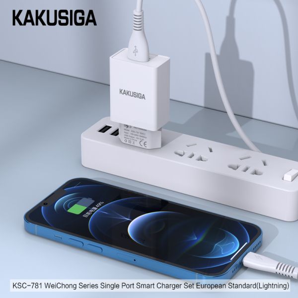 Incarcator KAKUSIGA KSC-781, Set cu Cablu Lightning, USB 2.4A, (Negru/Alb)