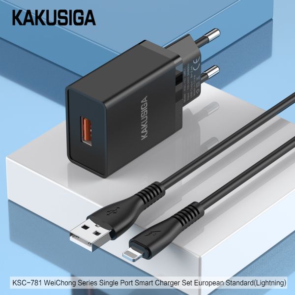 Incarcator KAKUSIGA KSC-781, Set cu Cablu Lightning, USB 2.4A, (Negru/Alb)