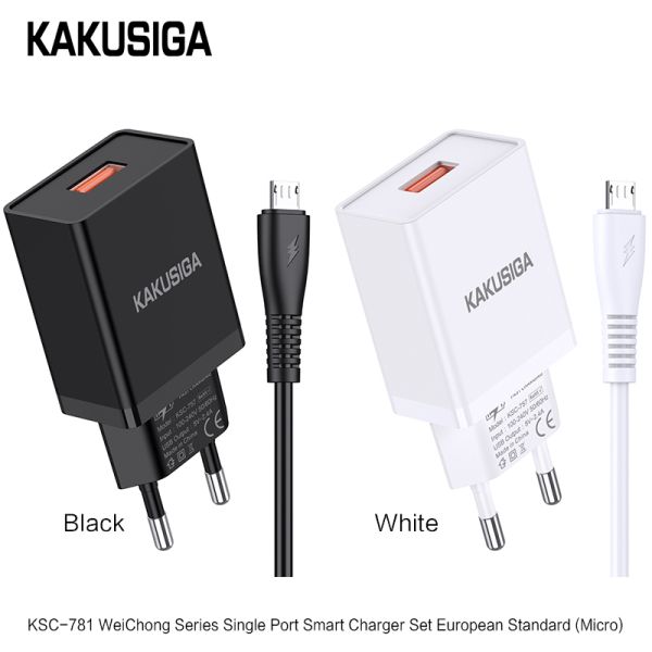 Incarcator KAKUSIGA KSC-781, Set cu Cablu Micro Usb,  2.4A, (Negru/Alb)