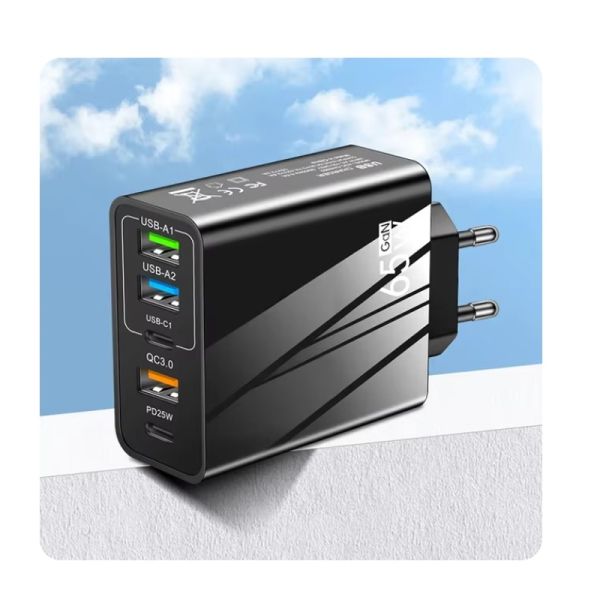 Incarcator rapid PD65W, 3xUSB, 2xPD Type-C,  3.1A, pentru Samsung, iPhone, Xiaomi, iPhone, Tip priză: UE, Alb