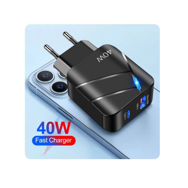 Incarcator de Perete cu incarcare rapida 1xPD40W Type-C, 1xUSB C Quick Charge QC 3.0,UE , Negru