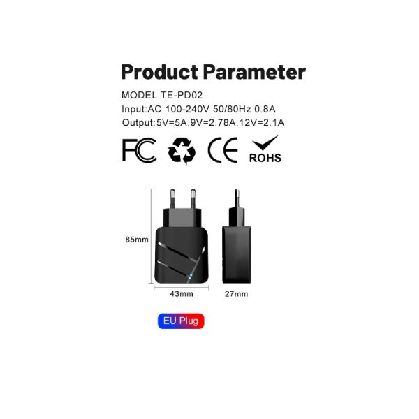 Incarcator de Perete cu incarcare rapida 1xPD40W Type-C, 1xUSB C Quick Charge QC 3.0,UE , Negru