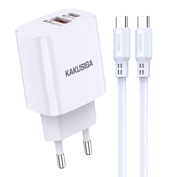 Incarcator de retea Kakusiga KSC-925, PD20W 3A+QC3.0 USB2, Incarcare Rapida + set cablu Type-C / Type-C, Alb