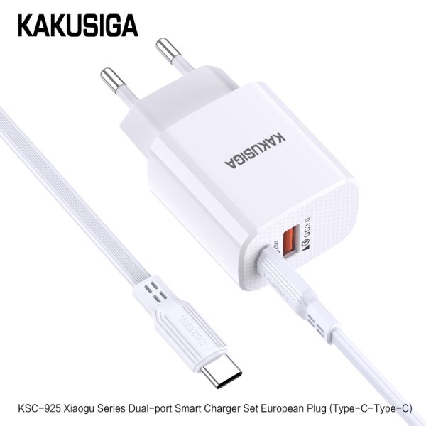 Incarcator de retea Kakusiga KSC-925, PD20W 3A+QC3.0 USB2, Incarcare Rapida + set cablu Type-C / Type-C, Alb