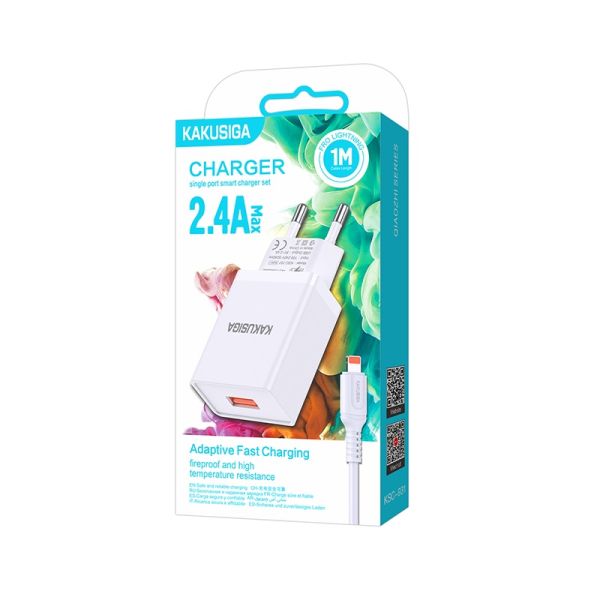 Set Incarcator cu cablu, Usb - Lightning, Kakusiga, KSC-931, 2.4A, Alb