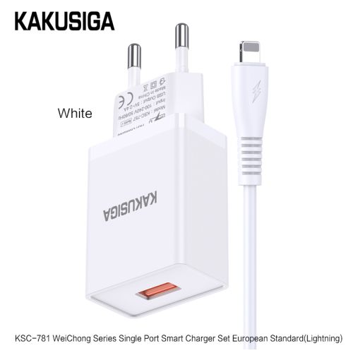 Incarcator KAKUSIGA KSC-781, Set cu Cablu Lightning, USB 2.4A, (Negru/Alb)