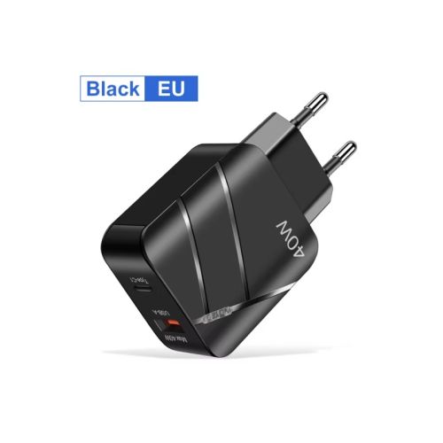 Incarcator de Perete cu incarcare rapida 1xPD40W Type-C, 1xUSB C Quick Charge QC 3.0,UE , Negru