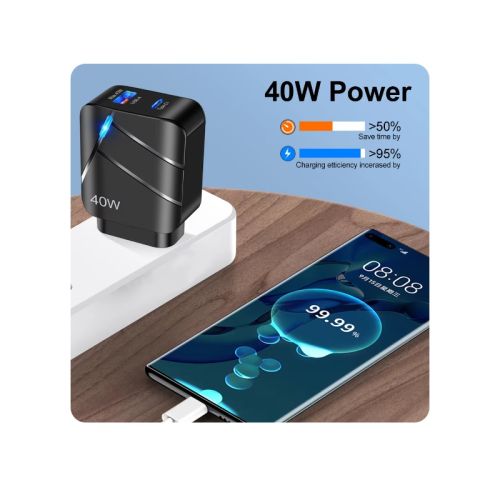 Incarcator de Perete cu incarcare rapida 1xPD40W Type-C, 1xUSB C Quick Charge QC 3.0,UE , Negru