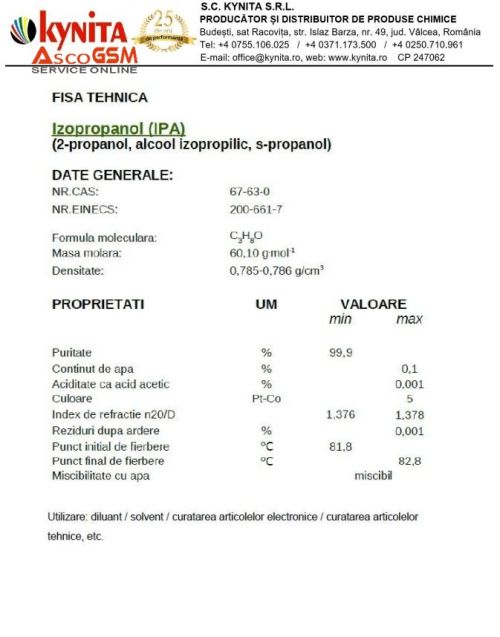 Alcool Izopropilic, Izopropanol, IPA, 99,9% 0,9 L